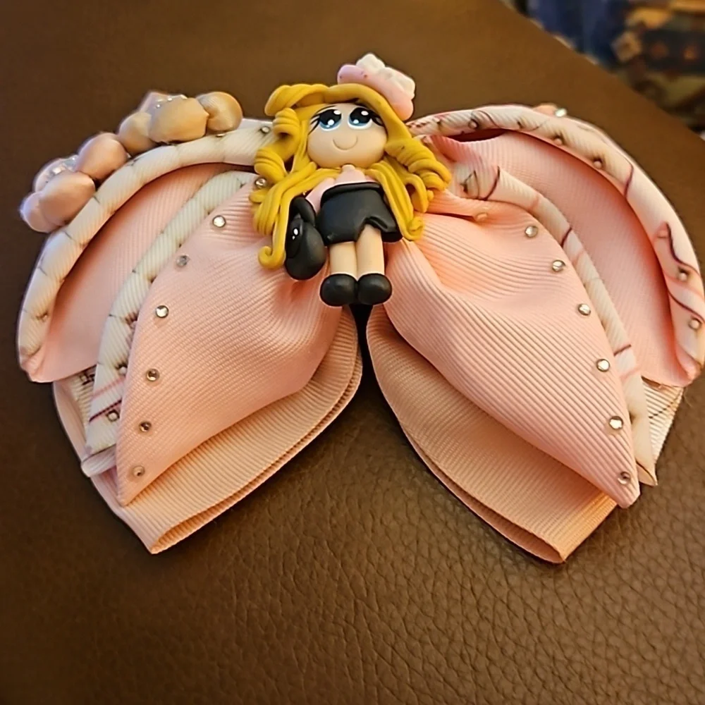 Large Pink Bedazzled Clay Shopper Girl Floral Clip-on Ribbon Bow